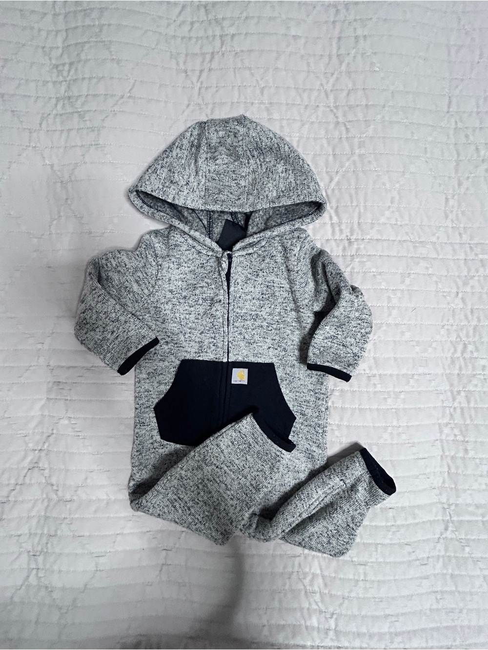 Carhartt 12 Month Gray Hooded Baby Jumpsuit Contrast Black Pockets camping strol